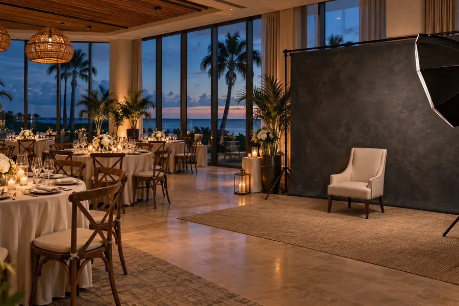Concept of a covered coastal reception with a studio portrait area beside the tables