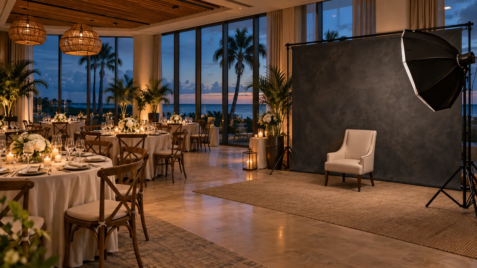 Concept of a covered coastal reception with a studio portrait area beside the tables