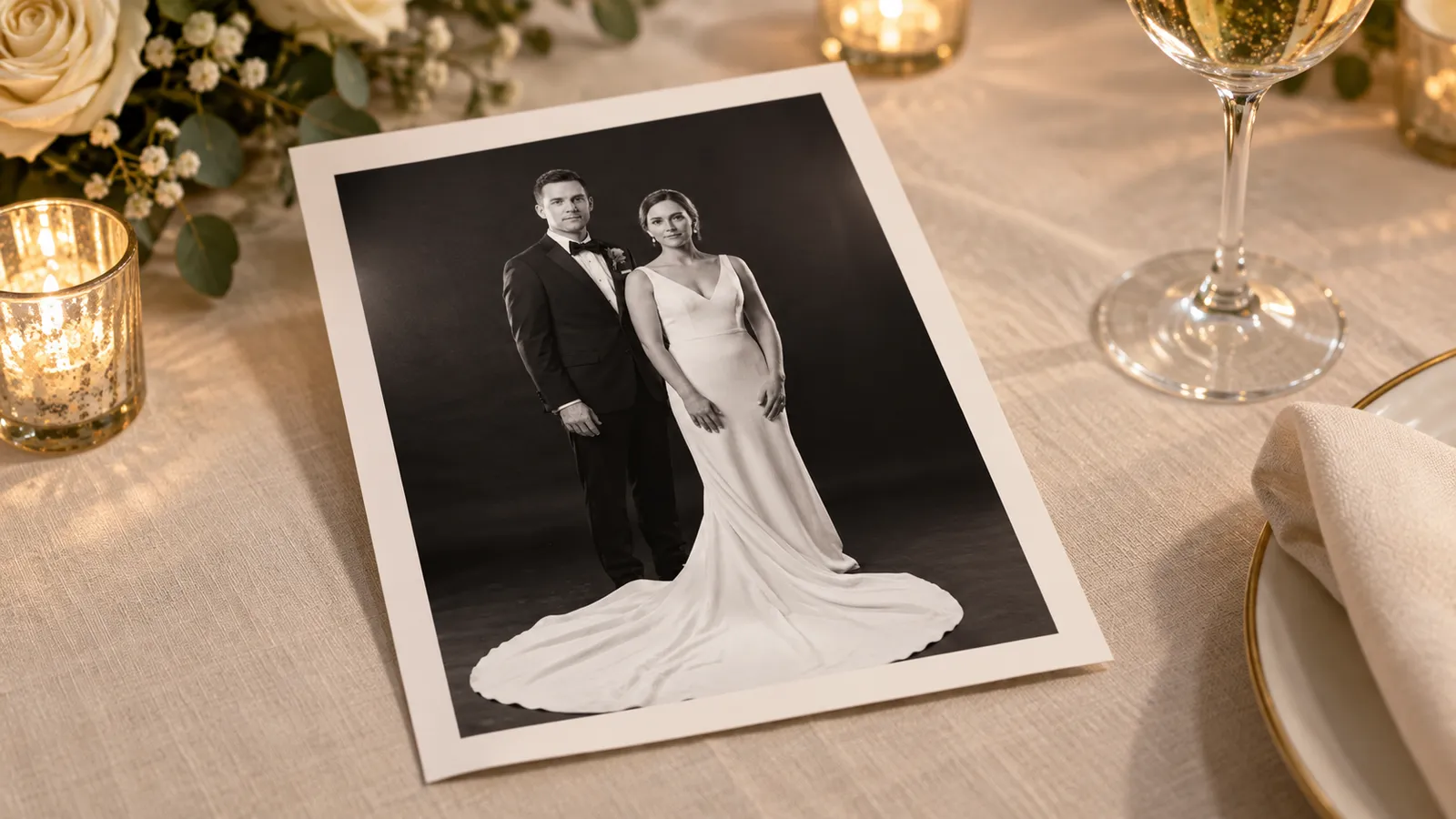 Concept of a black-and-white couple portrait print on a reception table