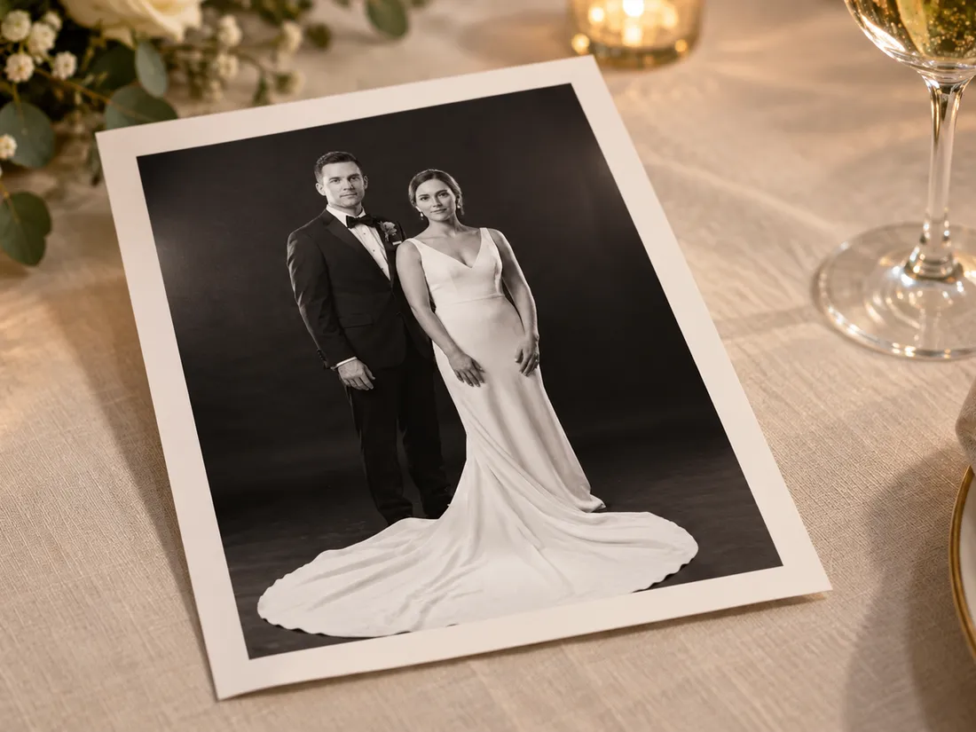 Concept of a black-and-white portrait print resting on a wedding reception table