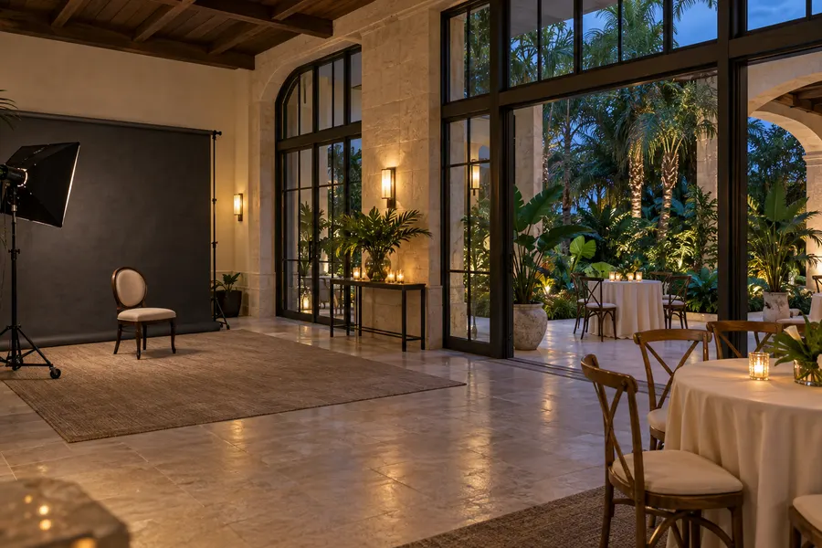 Concept of an indoor portrait set beside a subtropical garden reception