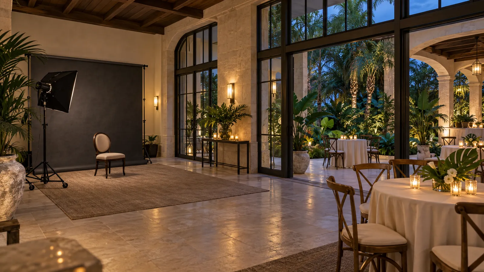 Concept of an indoor portrait set beside a subtropical garden reception