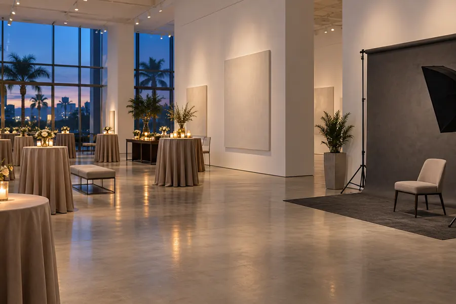 Concept of a freestanding portrait studio within a contemporary gallery reception