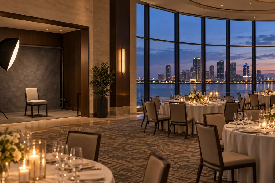 Concept of a waterfront ballroom with a portrait set in its own alcove