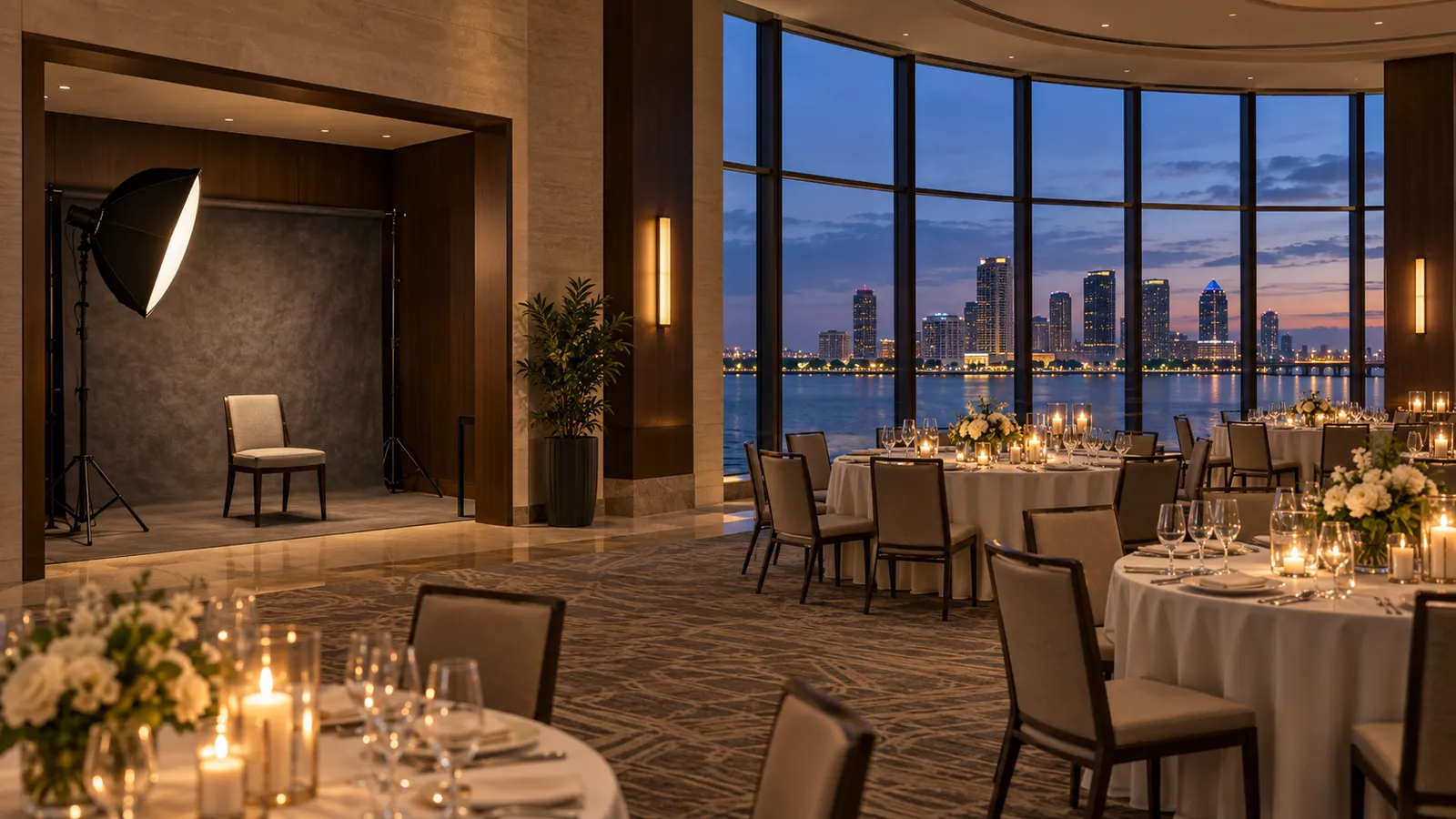 Concept of a waterfront ballroom with a portrait set in its own alcove
