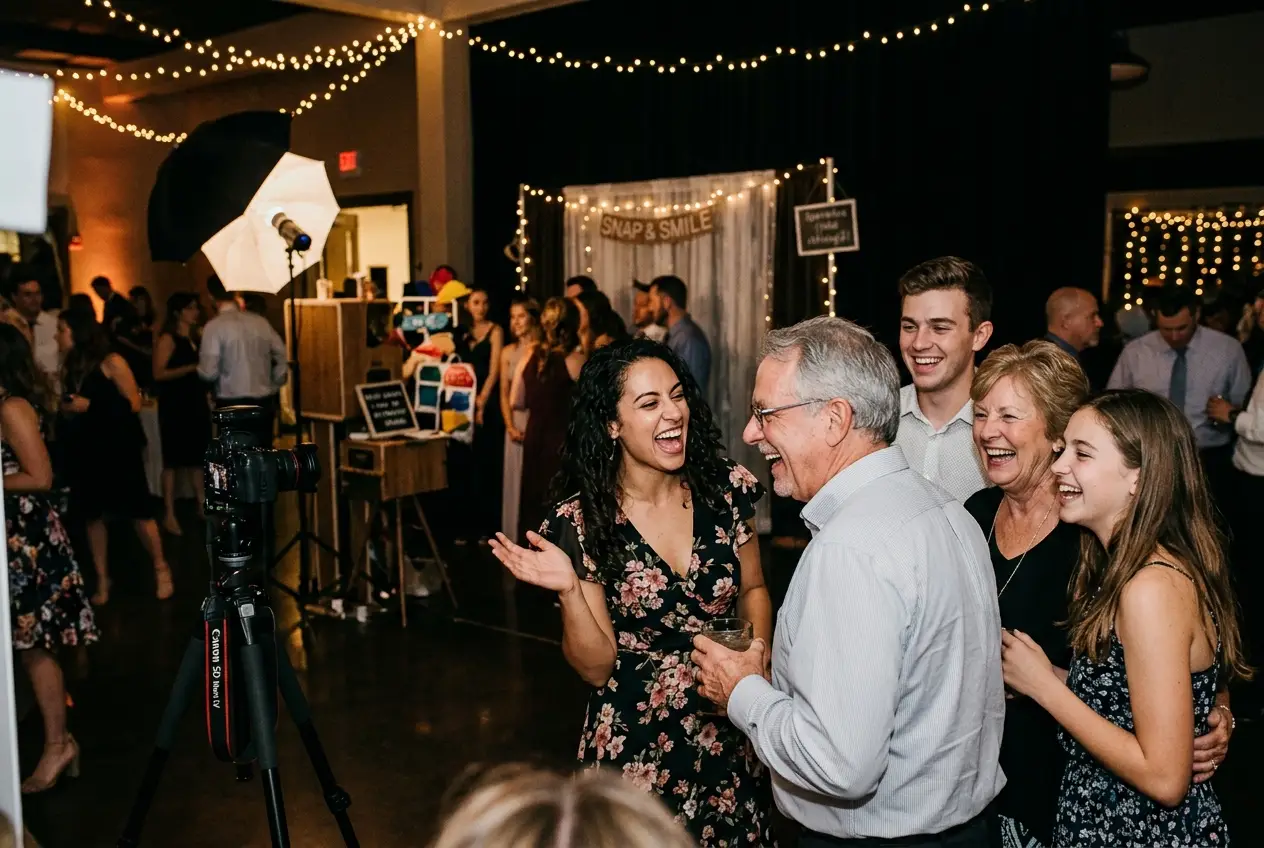 Three generations of a family laughing together at a portrait station during an evening celebration