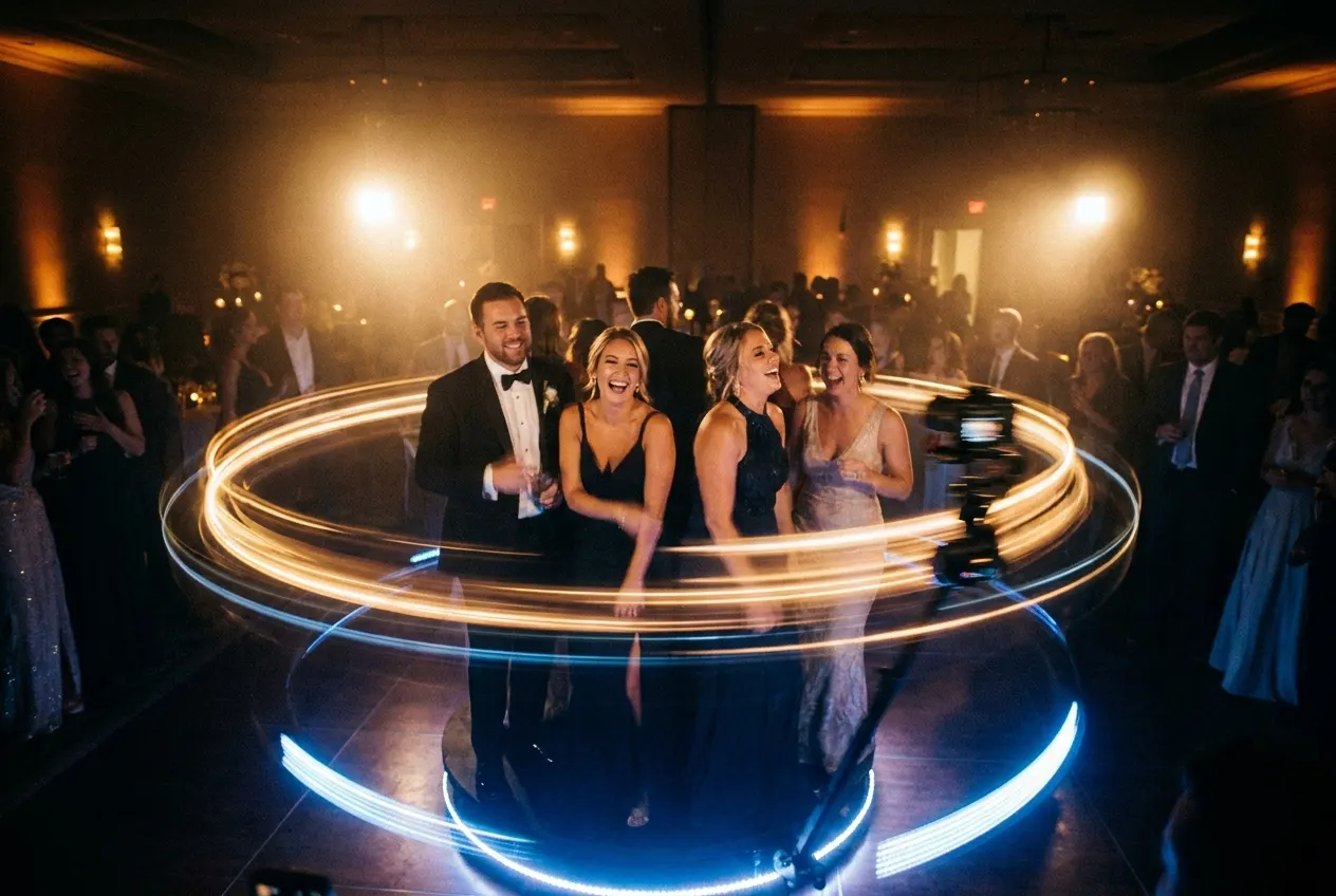 Guests on a 360 video platform with a circular light trail at night