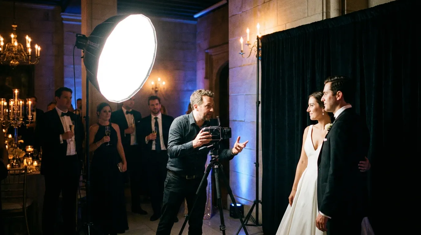 Photographer with a medium-format camera directing a couple at the Portrait Station under a softbox, guests watching from the reception