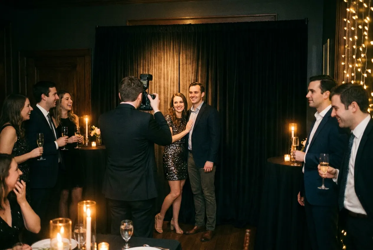 Cocktail-attire couple posed at the Portrait Station under directional light, guests softly blurred behind