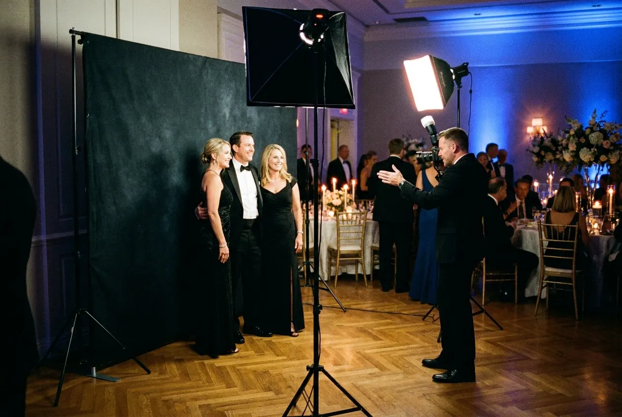 Open-air photo booth setup with studio lighting at a night reception