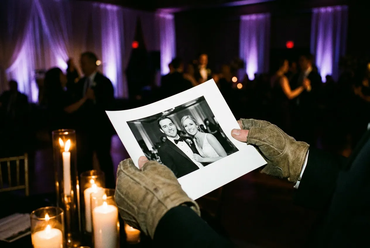 A freshly made photographic print held in a guest hand at an evening event