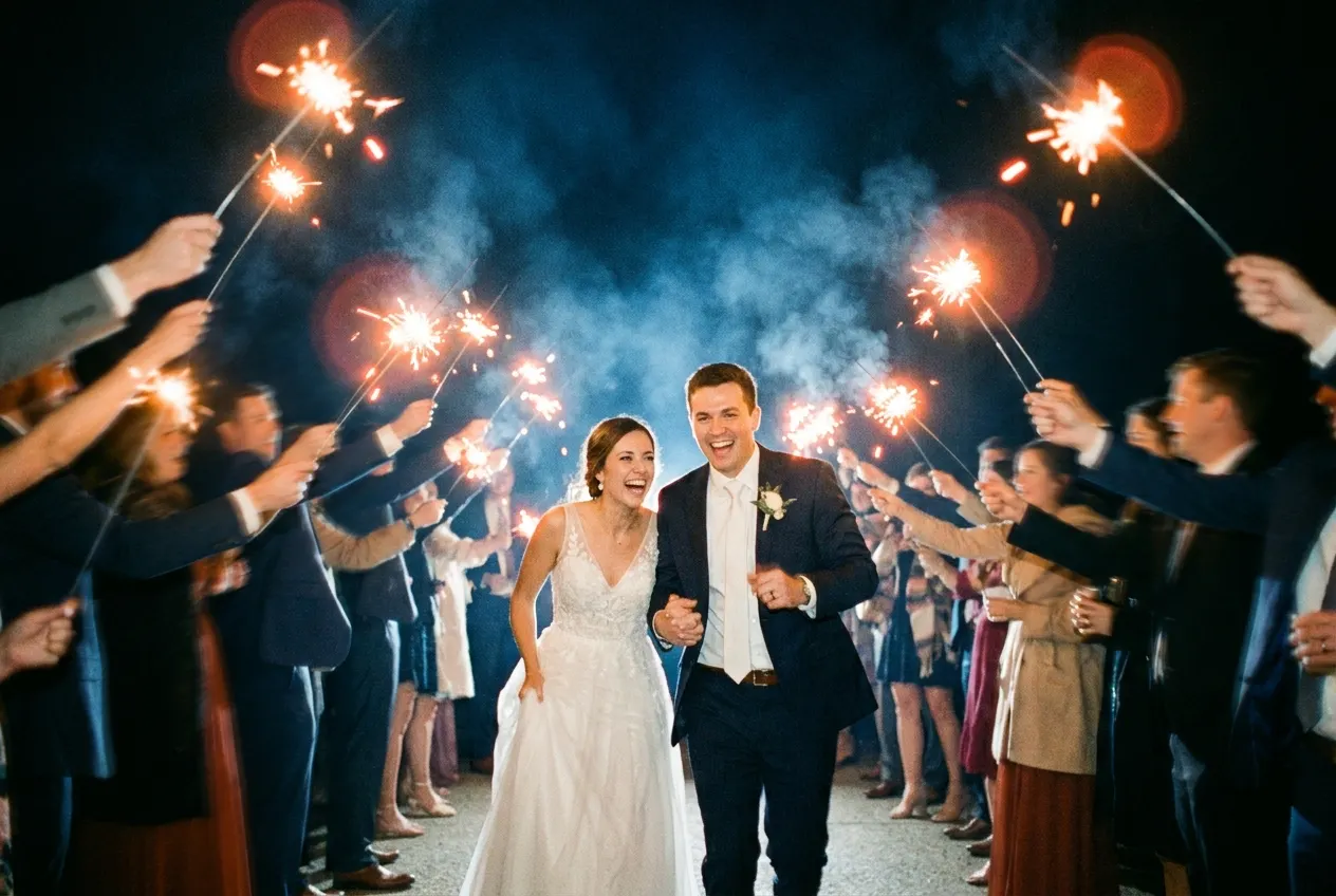 Couple running through a sparkler tunnel at their exit