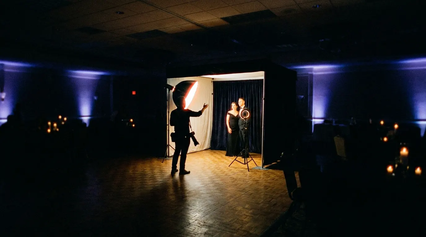 The Portrait Station glowing like a lit stage inside a dark ballroom, photographer directing a sitting