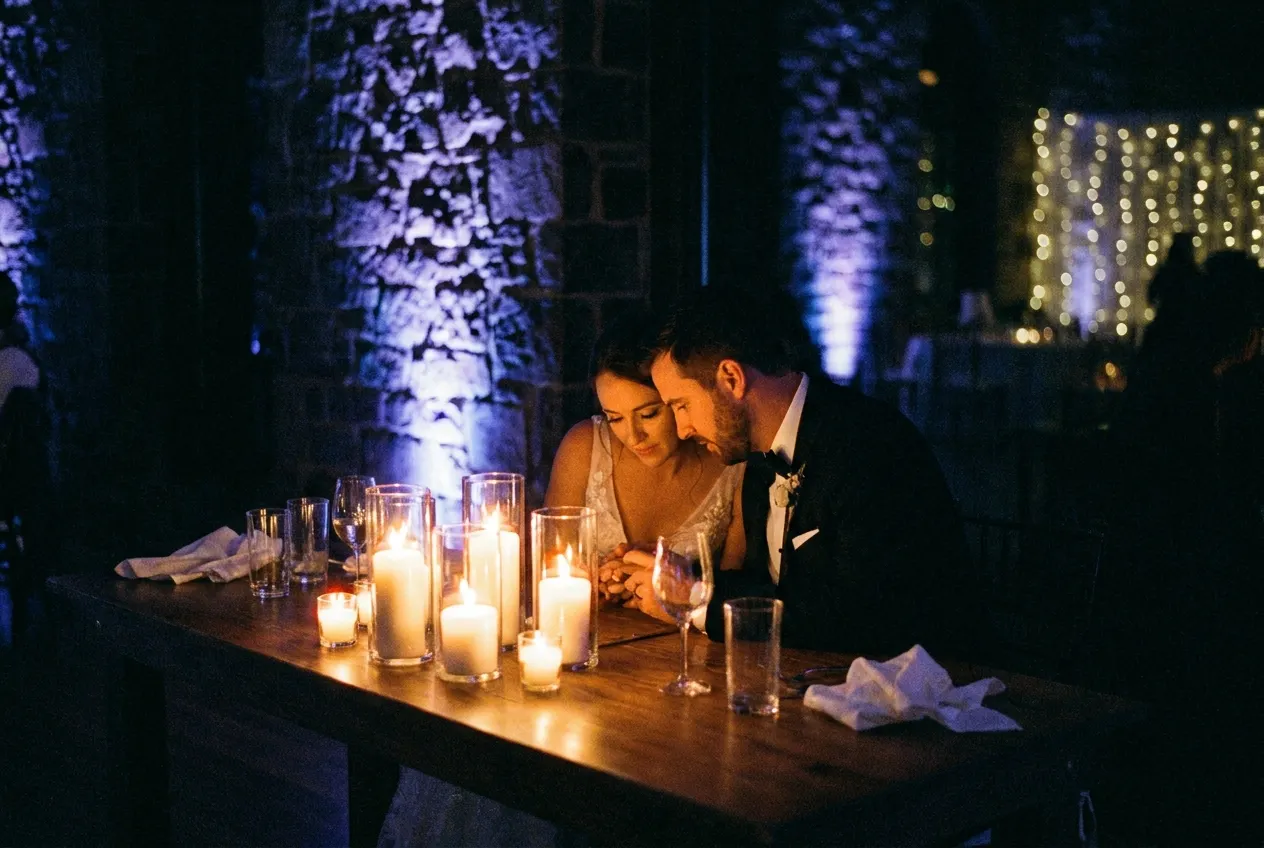 Couple alone at a candlelit table during the reception