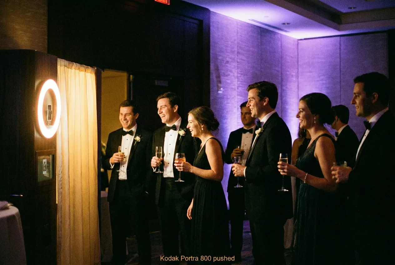 Guests waiting in a warmly lit reception room beside an event photo setup
