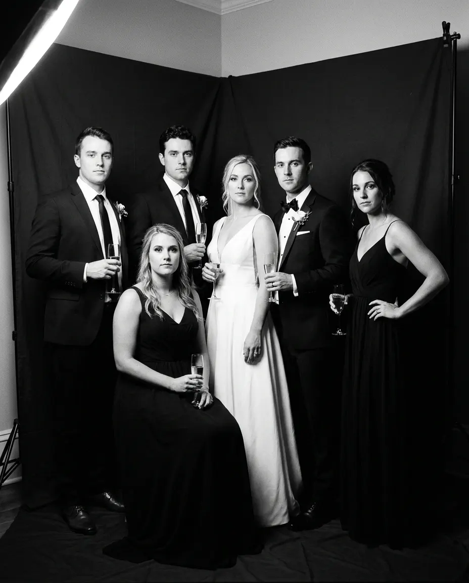 Editorial group portrait of six members of the bridal party at the Portrait Station