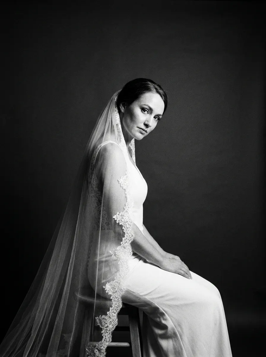 Bride alone in her veil, directed black-and-white portrait