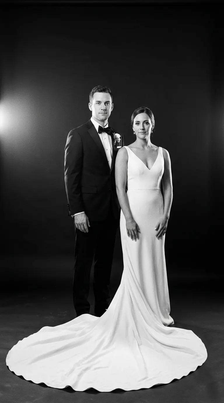 Full-length directed black-and-white portrait of a couple in formalwear at the Portrait Station