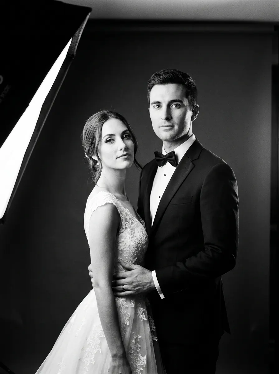Bride and groom in a formal directed portrait at the Portrait Station, softbox visible in frame