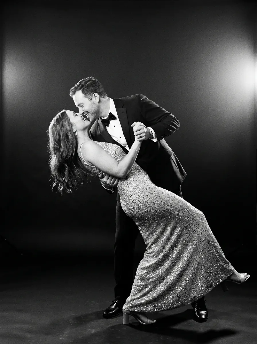 Couple mid dip kiss, directed black-and-white portrait