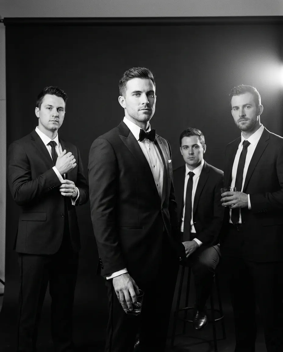 Groom and three groomsmen in a menswear-campaign black-and-white portrait