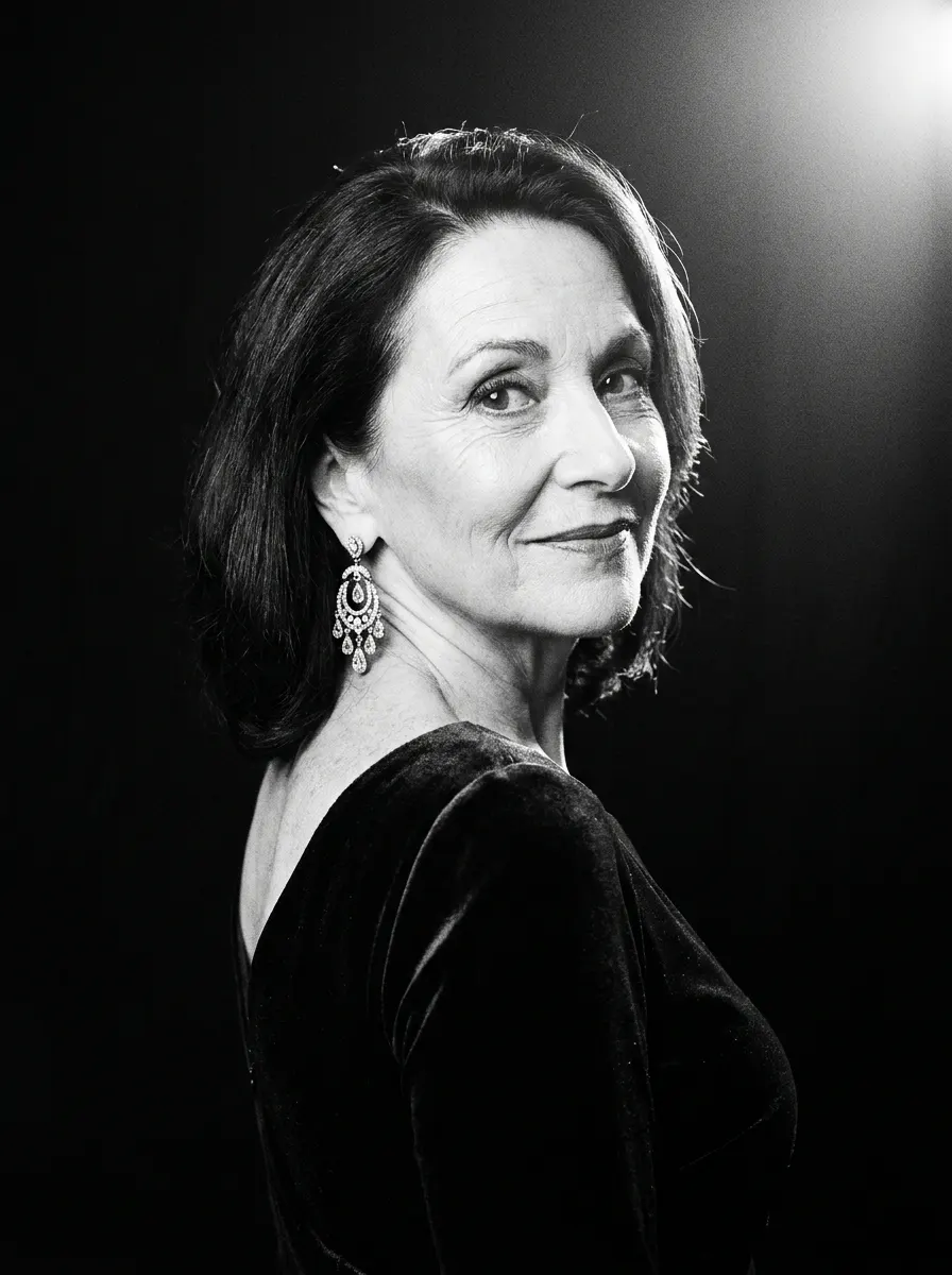 Editorial black-and-white portrait of a guest in her sixties, directed in Avedon style